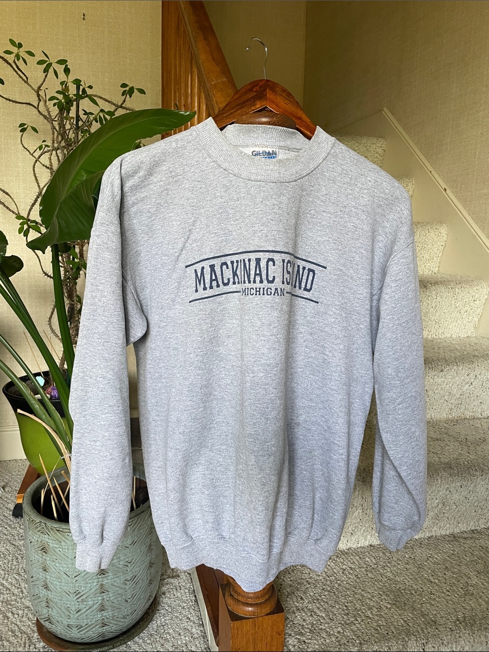 Gildan Gray Crewneck Sweatshirt with Navy Mackinac Island Print